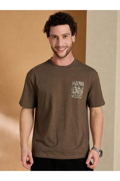 REPRISE By Styli Brown Printed Round Neck Regular T-Shirt