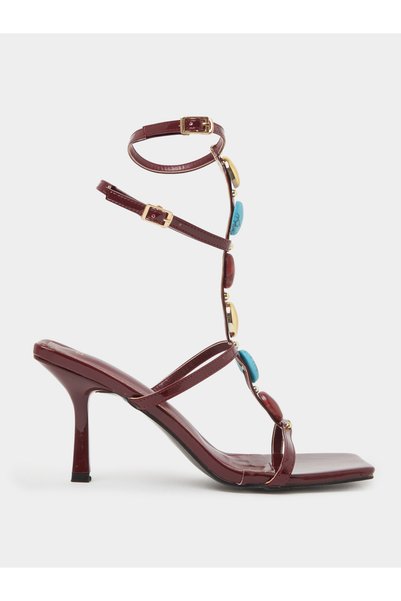 Styli Burgundy Embellished High Heel Sandals