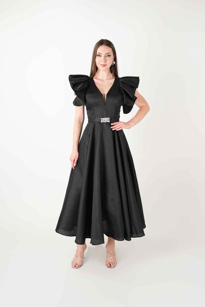 BEYBOS Taffeta Fabric Shoulder Flounce Midi Dress - Black