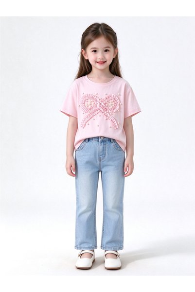 Take Two By Styli Girls Pink Embellished Bow T-Shirt with Pearls
