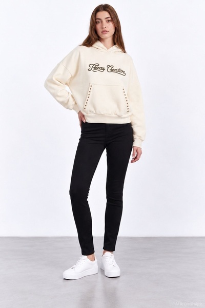 Quzu Women's Sweatshirt with Embroidered Details SWT02933 CREAM