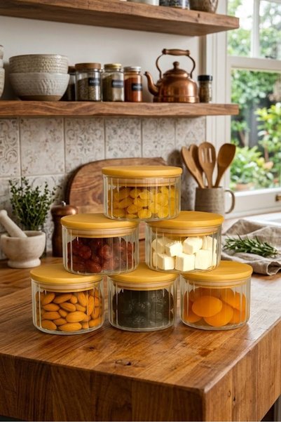 Flume Home |   Borelia |   6-Piece Striped Glass Breakfast Set Storage Contai...