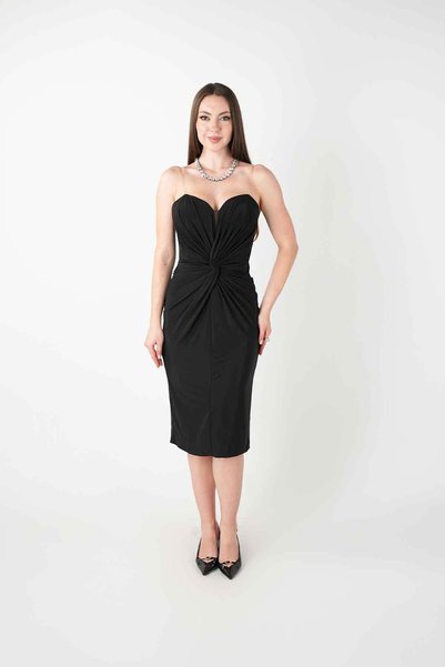 BEYBOS Jersey Fabric Knot Strapless Detailed Pencil Dress - Black