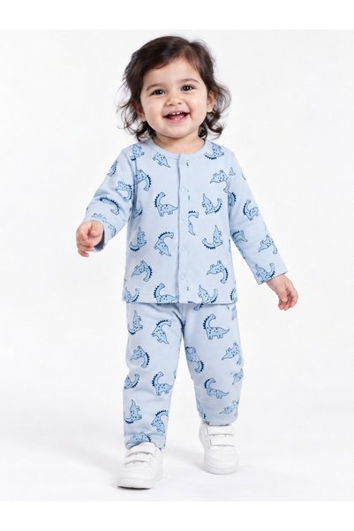 Styli Baby Boy Dinosaur Print Buttoned Top and Pyjama Set