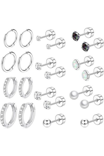 Generic Surgical Steel Flat Back Earrings Set, Multiple Piercing Sensitive Ea...