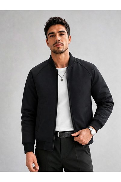 Take Two By Styli Men Black Zip-Up Padded Bomber Jacket
