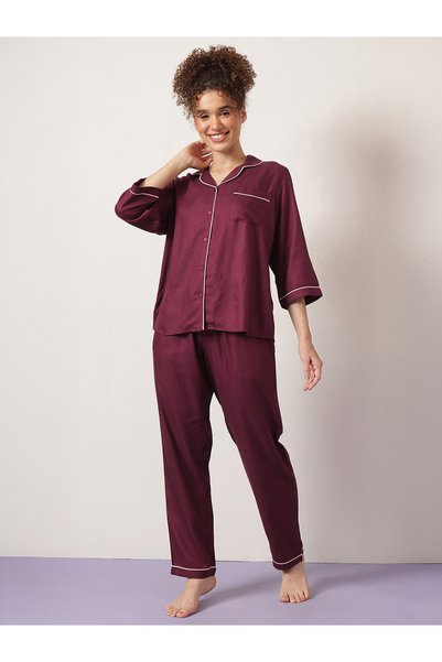 Clovia By Styli Maroon Knitted Solid Pyjama Set