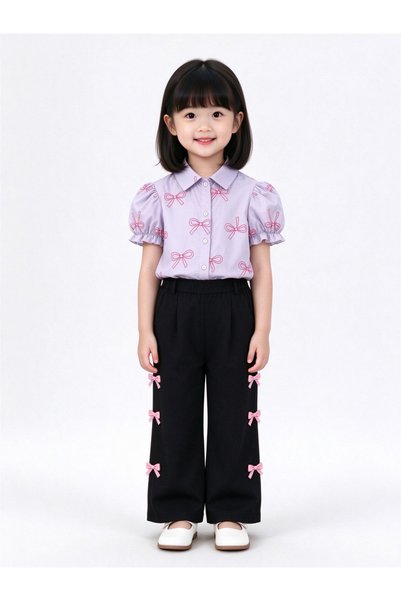 Take Two By Styli Girls Bow Print Shirt and Wide-Leg Pants Set