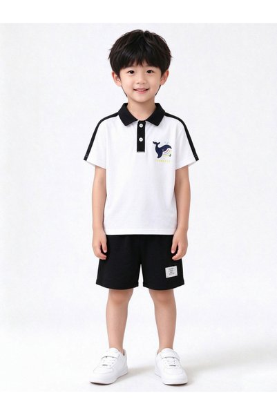 Take Two By Styli Boys Graphic Whale Polo Shirt and Shorts Set