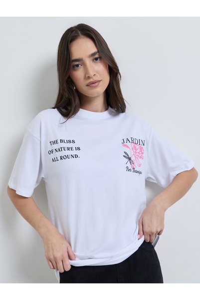 Styli White Floral Graphic Oversized Cotton T-Shirt