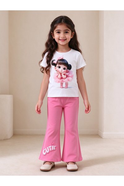 Take Two By Styli Girls Ballerina Graphic T-Shirt and Bell Bottom Pants Set