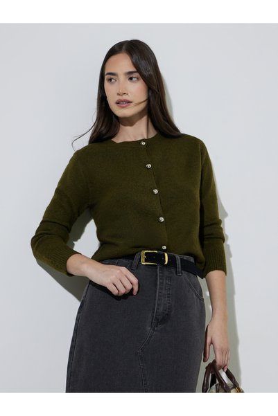 Styli Olive Green Round Neck Long Sleeves Regular Fit Cardiagan