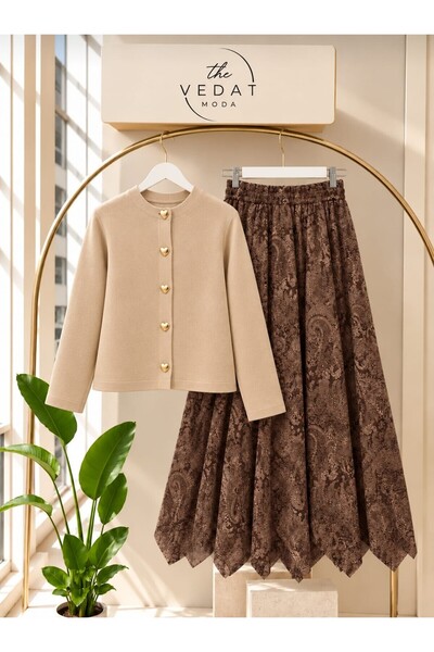 MODA VEDAT Damen-Strick-Cardigan mit Knopfdetails und Rock-Set -0550 KAFFEE-B...