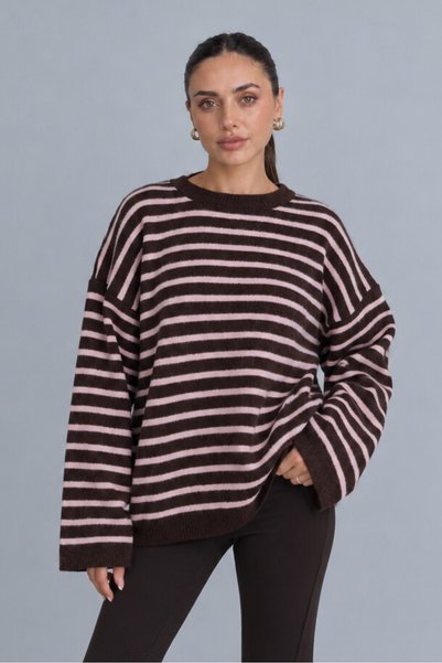 Kahverengi Pembe Oversize Çizgili Triko Kazak E26-ALW2006