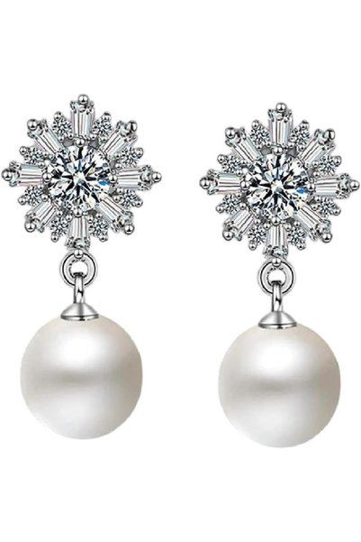 Generic Pearl Bridesmaid Snowflake Stud Earring Moissanite Top 925 Sterling S...