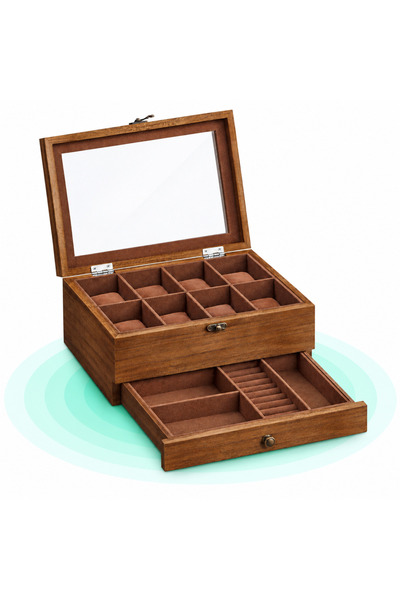Timebox Cutie de ceasuri din lemn masiv, 8 compartimente, Sertar pentru bijut...