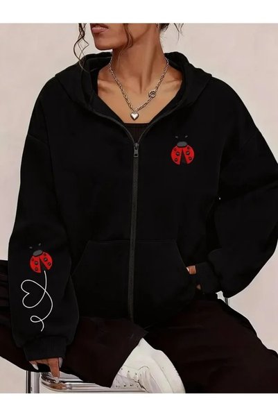 LOTS MODA Cardigan - Black Printed Winter Oversized Hooded Zippered Pocketed ...