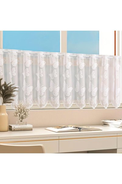 Generic 1 Pack White Bistro Net Curtain with Butterfly Jacquard Design, Semi-...