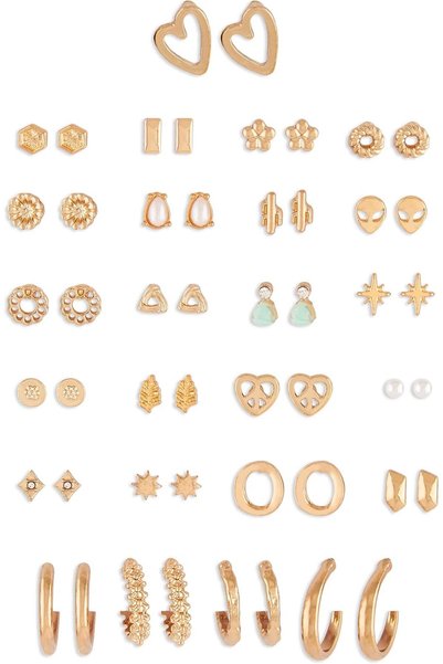 Generic Set Of 25 Gold Tone Classy Contemporary Studs & Hoop Earrings For Wom...