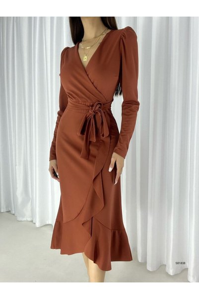 twomeey Φόρεμα Crepe Fabric Midi με μακρυμάνικο φύλλο (πλακάκι)