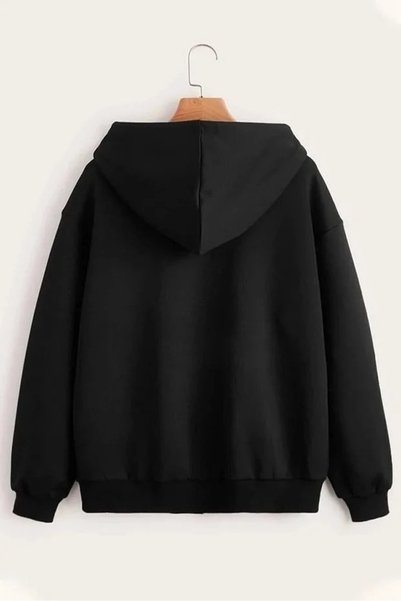 LOTS MODA Hırka - Siyah Baskılı Kışlık Oversize Kapüşonlu Fermuarlı Cepli Hırka Unisex giyim