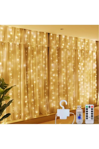 Generic 3 * 3Curtain String Lights, 300LED，Warm，8 Modes Fairy Hanging Lights ...