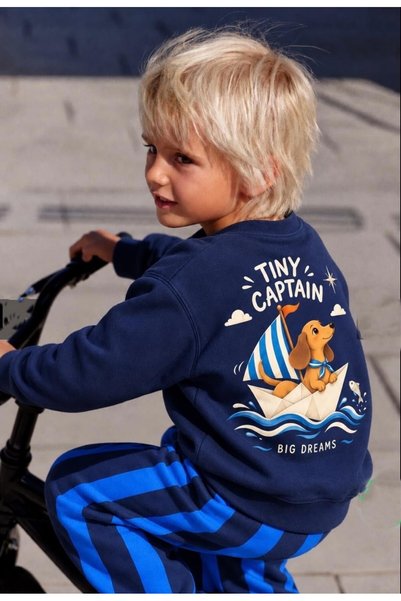 mirkidsclub Boys' Dog-Print 2-Piece Set: Navy Sweatshirt and Blue Striped Wid...