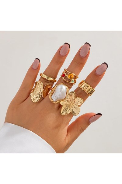 Generic 6 Pcs Gold Rings for Women Non Tarnish Flower Rings for Women Gold Ch...