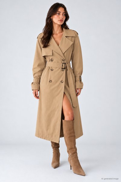 Lupies Women's Long Trench Coat with Buttons and a Belted Design
