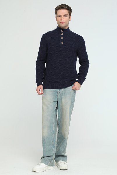 Trist Star Navy Blue Men's 80% Wool, 20% Acrylic Mock Neck Button-Up Diamond ...