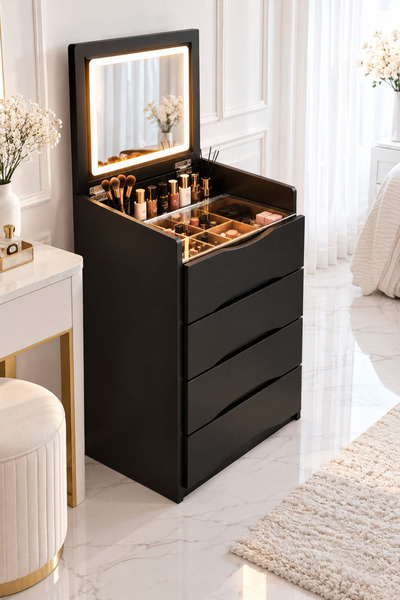 Dessa Masă de machiaj cu oglindă LED și 4 sertare – Eleganță, organizare și c...
