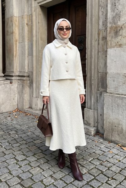 Lale Butik Button-Detail Tweed Skirt Suit 41768 Ecru