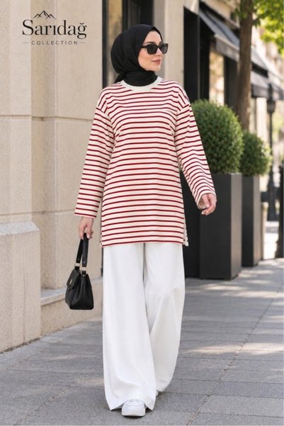sarıdağ Striped Modal Tunic with Short Sleeves, Relaxed Fit, Oversized Fit, S...