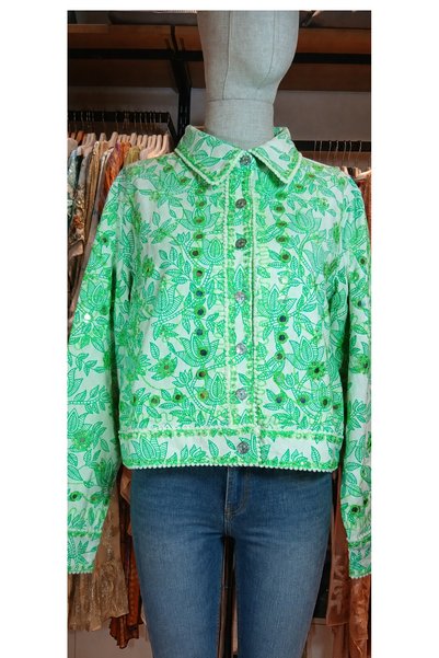 IBBAN Women's Ecru and Pistachio Green Ethnic-Embroidered Jacket with Mirror ...