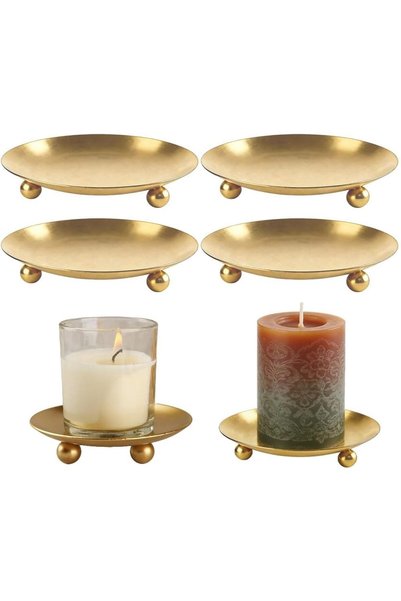 Generic Candle Stand, 4 Pack Gold Metal Candle Holder Plate with Sturdy Pedes...