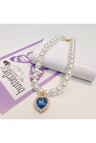Choice M Blue Lovely Heart Pendant Faux Pearl Pet Necklace Stylish Cat Dog Co...