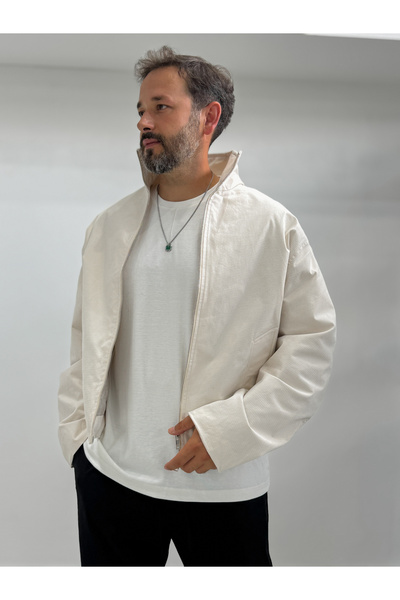 BYBASICMAN Jachetă oversize bej cu fermoar TW-7037