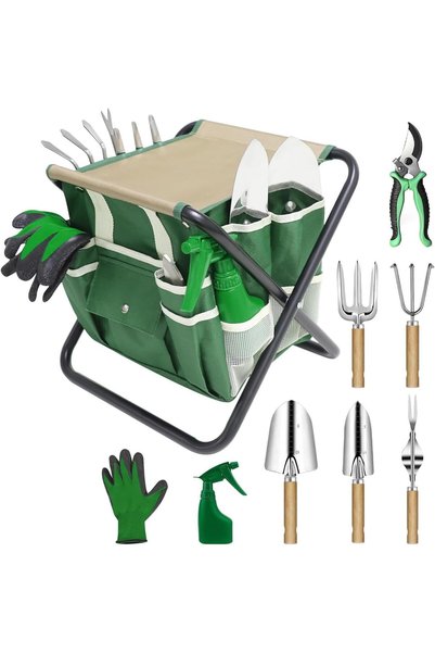 Generic Garden Tool Set, 10 Piece Kit with Heavy Duty Folding Stool, Detachab...