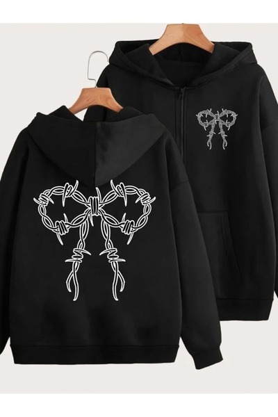 LOTS MODA Hırka - Siyah Baskılı Kışlık Oversize Kapüşonlu Fermuarlı Cepli Hırka Unisex giyim
