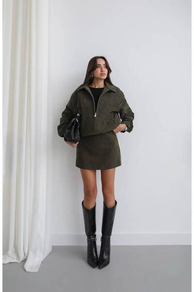 FMN Moda soft fabric zip-up jacket, bomber-style jacket, high-waisted skirt, ...