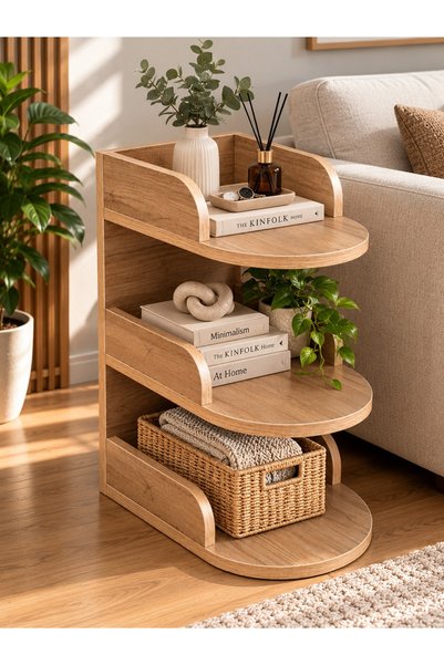 Ravello Design Yan Sehpa Çok Amaçlı Düzenleyici Raf Dekoratif 3 Katlı Meşe