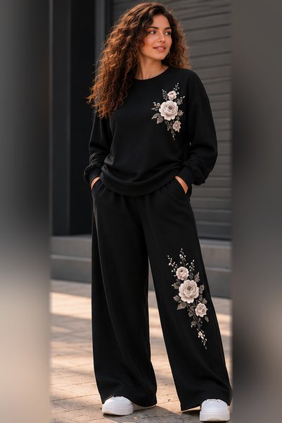 Joetsu Women's Plus Size Rose-Printed 2-Piece Sweatsuit Set: Oversized Sweats...