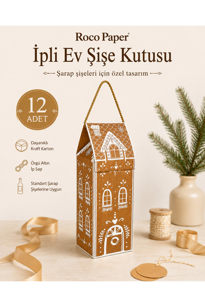 roco paper Yılbaşı Ev Tasarımlı Kraft Şişe Kutusu - 12li Set, Dekoratif Yeniy...