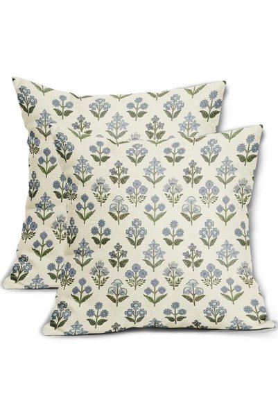Generic 2 Pack Blue Green Block Print Pillow Covers 18x18 Inch, Vintage Flora...