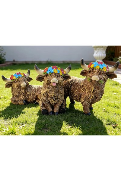 Generic Highland Cow Garden Statues Set of 3 Resin Funny Outdoor Patio Lawn D...