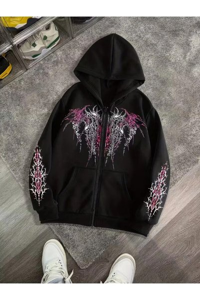 LOTS MODA Hırka - Siyah Baskılı Kışlık Oversize Kapüşonlu Fermuarlı Cepli Hırka Unisex giyim
