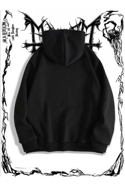 LOTS MODA Hırka - Siyah Baskılı Kışlık Oversize Kapüşonlu Fermuarlı Cepli Hırka Unisex giyim