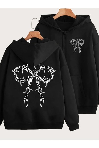 LOTS MODA Hırka - Siyah Baskılı Kışlık Oversize Kapüşonlu Fermuarlı Cepli Hırka Unisex giyim