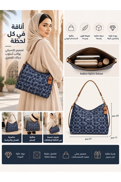COACH 1941 حقيبة كتف نسائية كلاسيكية كبيرة السعة مع حزام قابل للفصل