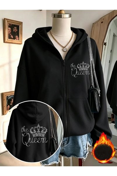 LOTS MODA Cardigan - Black Printed Winter Oversized Hooded Zippered Pocketed ...